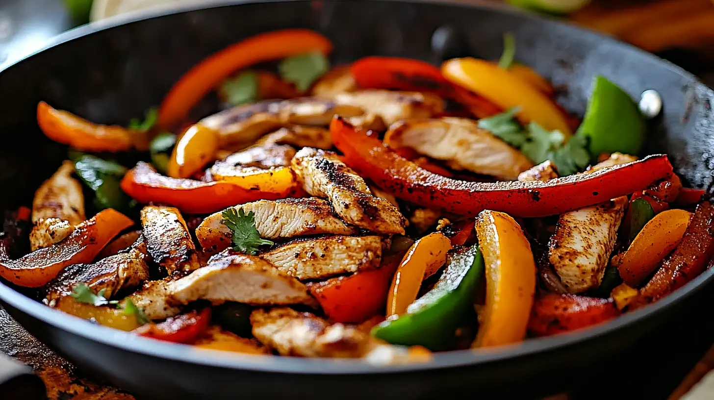 Sizzling fajitas de pollo with colorful bell peppers