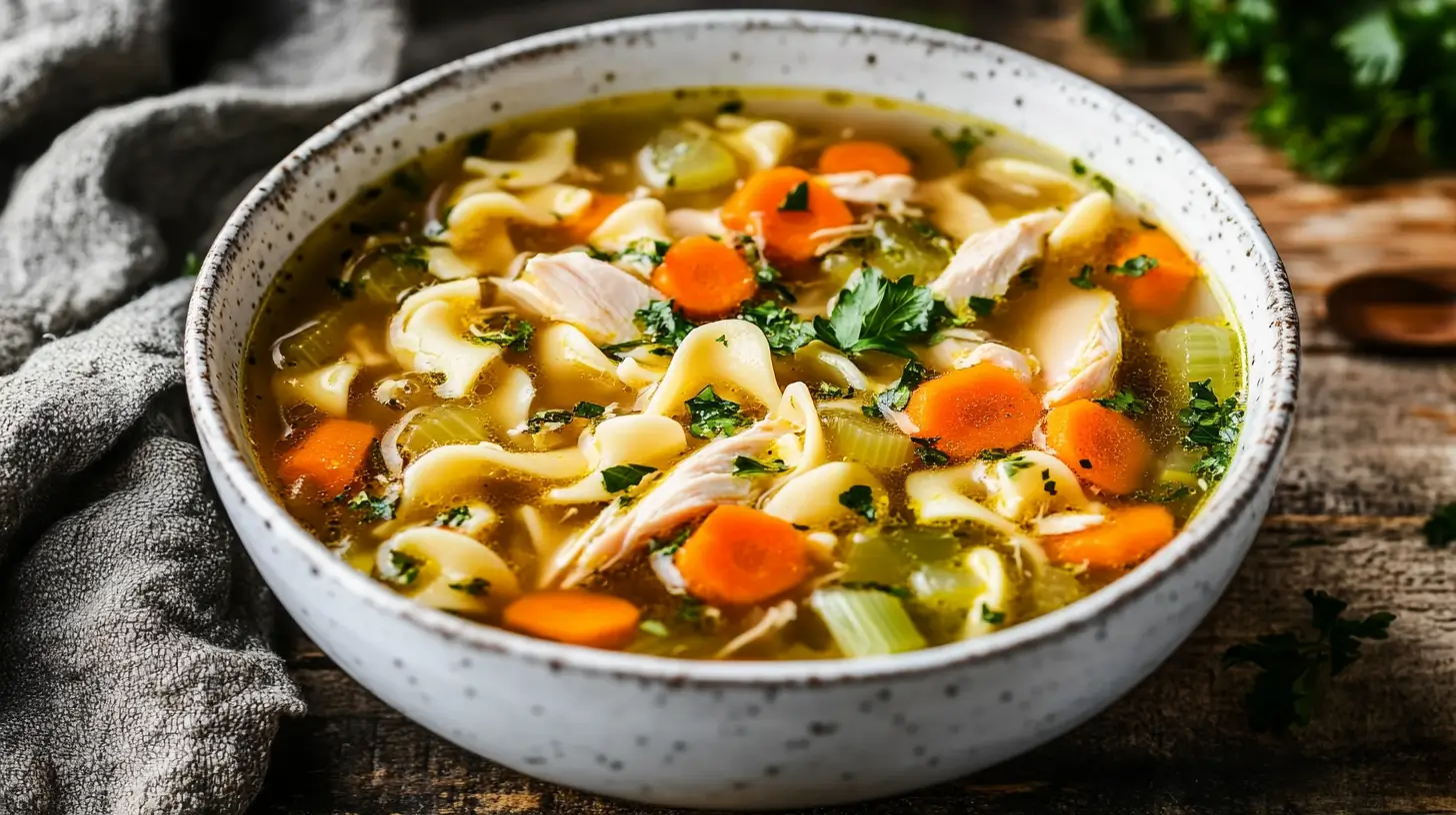 Homemade chicken noodle soup recipe with fresh ingredients.