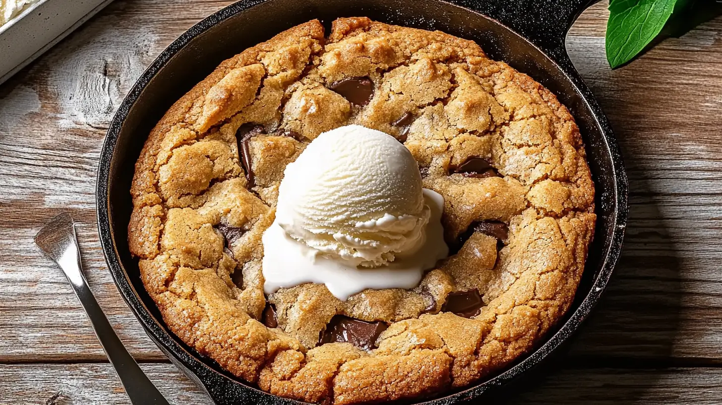 Gooey skillet cookie topped with vanilla ice cream.