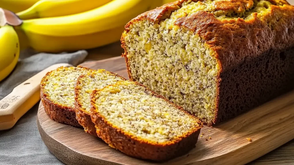 A freshly baked loaf of 3-ingredient banana bread on a wooden cutting board, with slices showing its soft and moist texture.