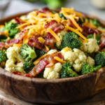 Keto broccoli cauliflower salad with bacon and cheese