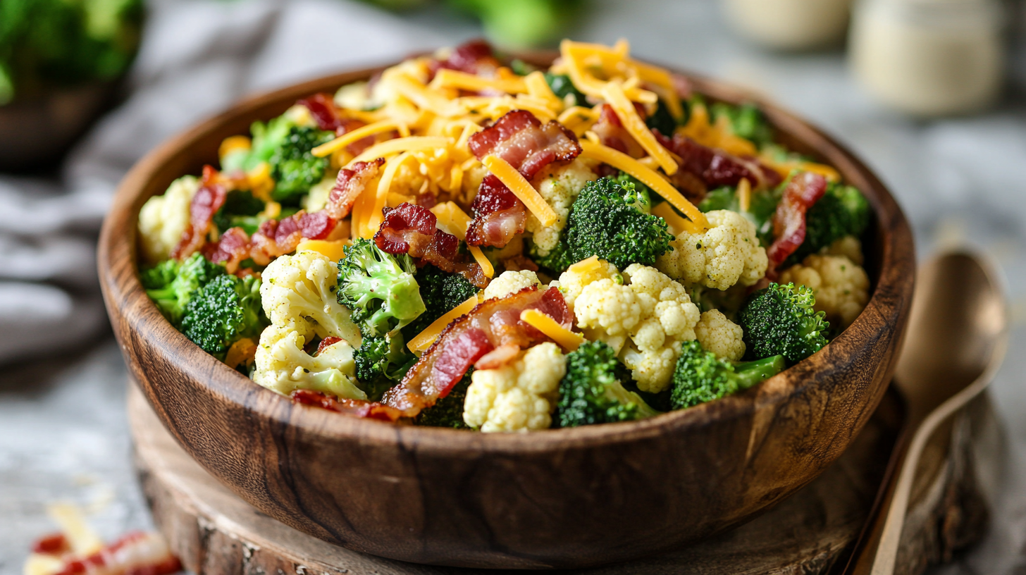 Keto broccoli cauliflower salad with bacon and cheese