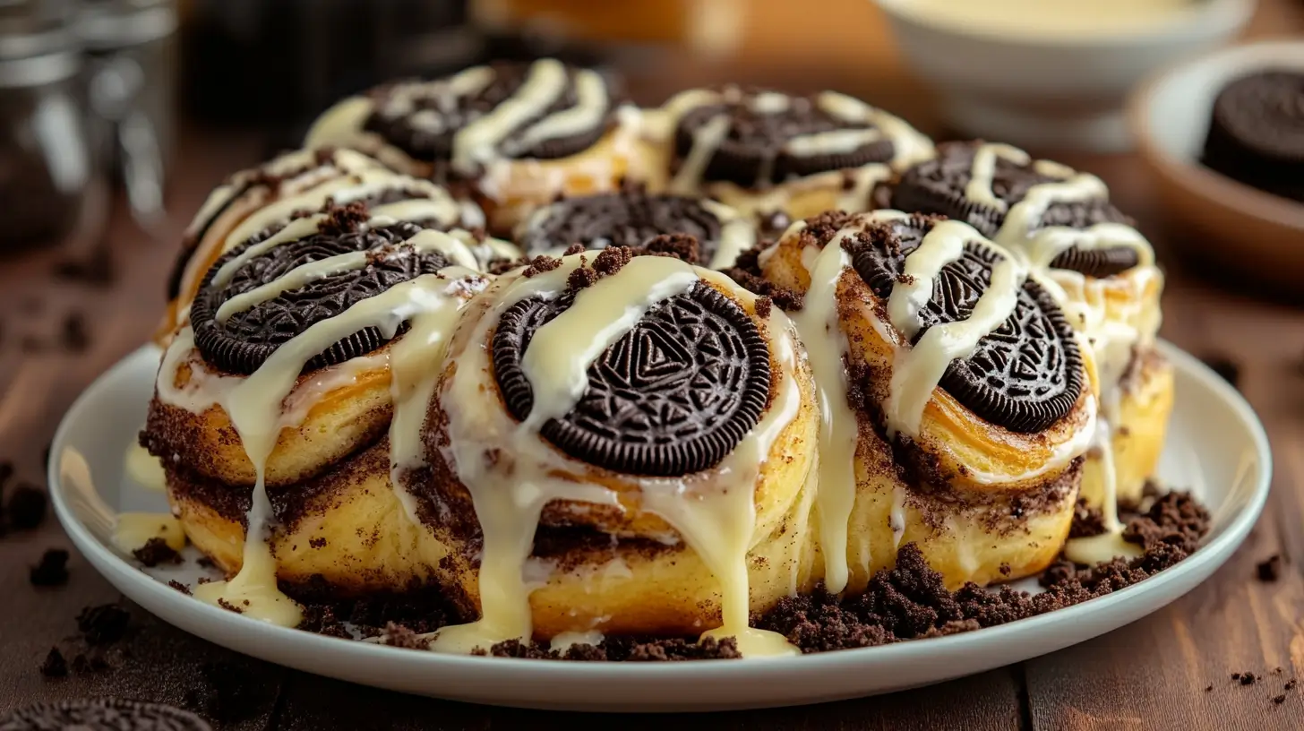 Oreo stuffed cinnamon rolls with cream cheese glaze
