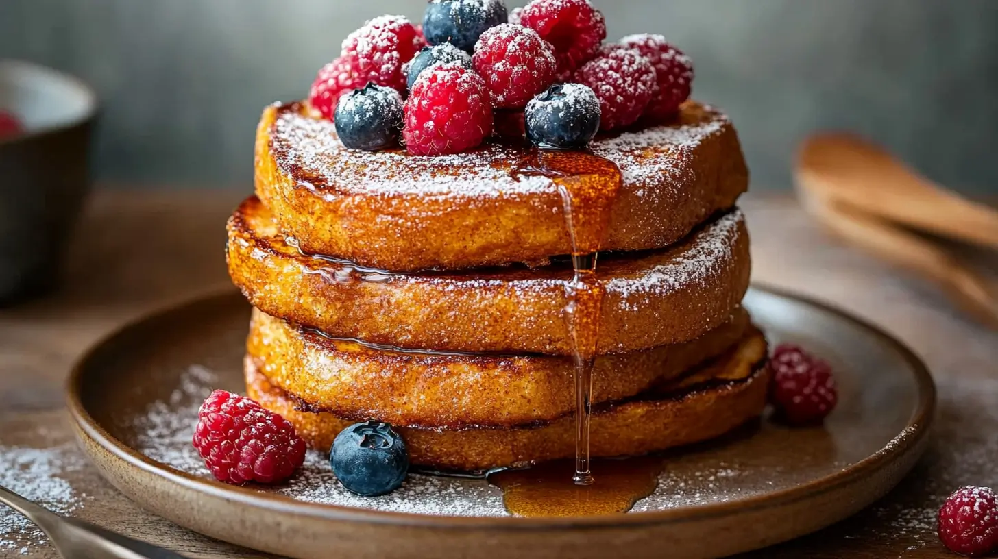 Vegan French toast with berries and maple syrup