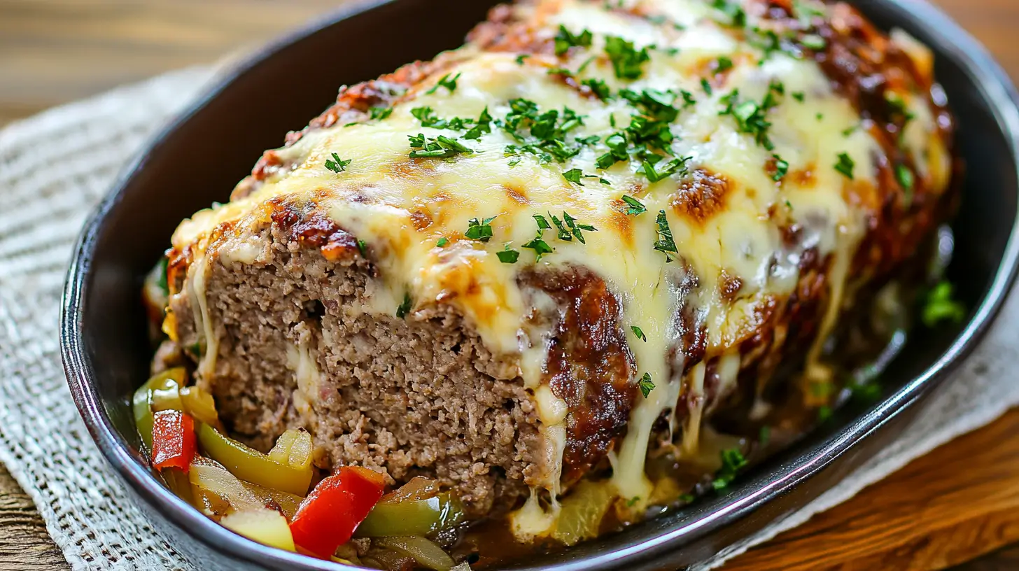 Philly cheesesteak meatloaf with melted cheese